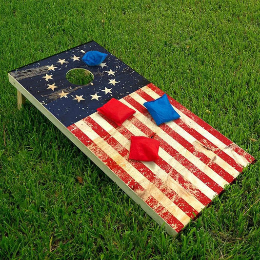 Cornhole board wrap Betsy Ross flag with distressed navy field and red stripes on Tampa Home & Garden Store