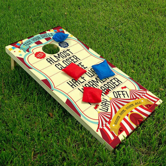 Cornhole Board Wraps Carnival set of 2 with vibrant red cream teal circus design on grass on Tampa Home & Garden Store