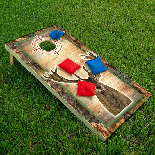 Deer Hunting Cornhole Wraps set of 2 by Lone Star Art featuring deer artwork on wood grain on Tampa Home & Garden Store