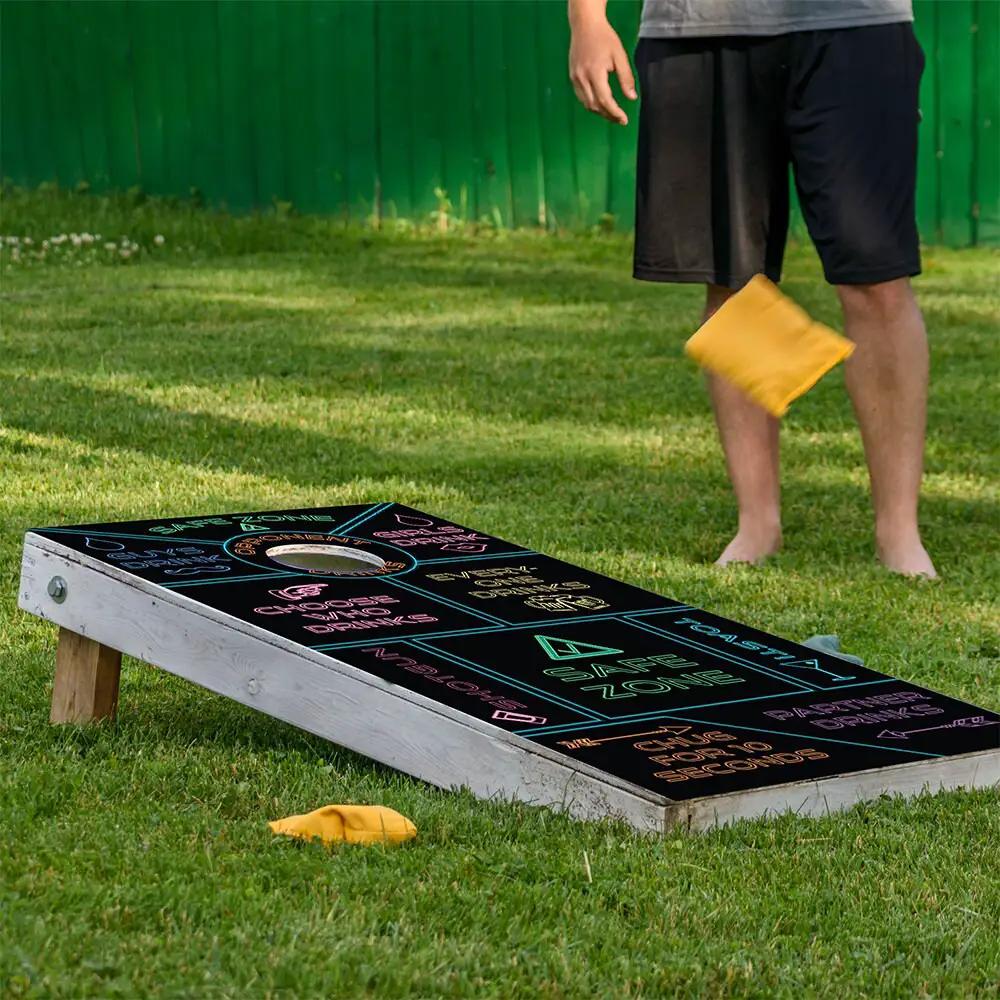 Drinking Game Cornhole Board Wrap Set of 2 by Lone Star Art with neon chalkboard on black vinyl on Tampa Home & Garden Store
