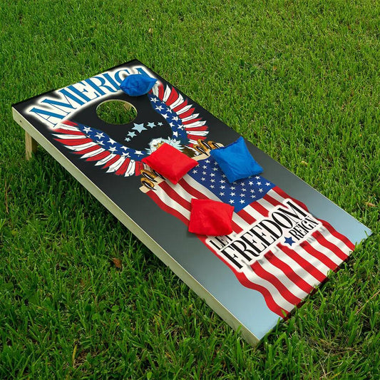 Cornhole Board Wraps Eagle and Flag set of 2 with patriotic eagle, flag motif red/blue bags on Tampa Home & Garden Store