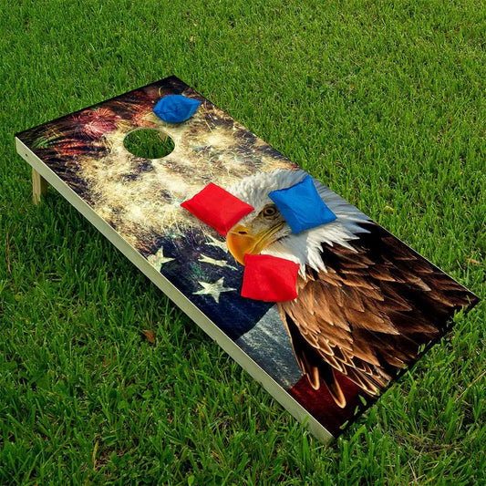 Cornhole board wrap set of 2 with eagle and American flag fireworks design by Lone Star Art on Tampa Home & Garden Store