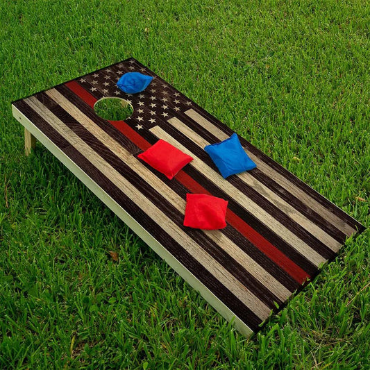 Fire Fighter Support Cornhole Board Wrap set of 2 with flag motif and red stripe on dark wood on Tampa Home & Garden Store