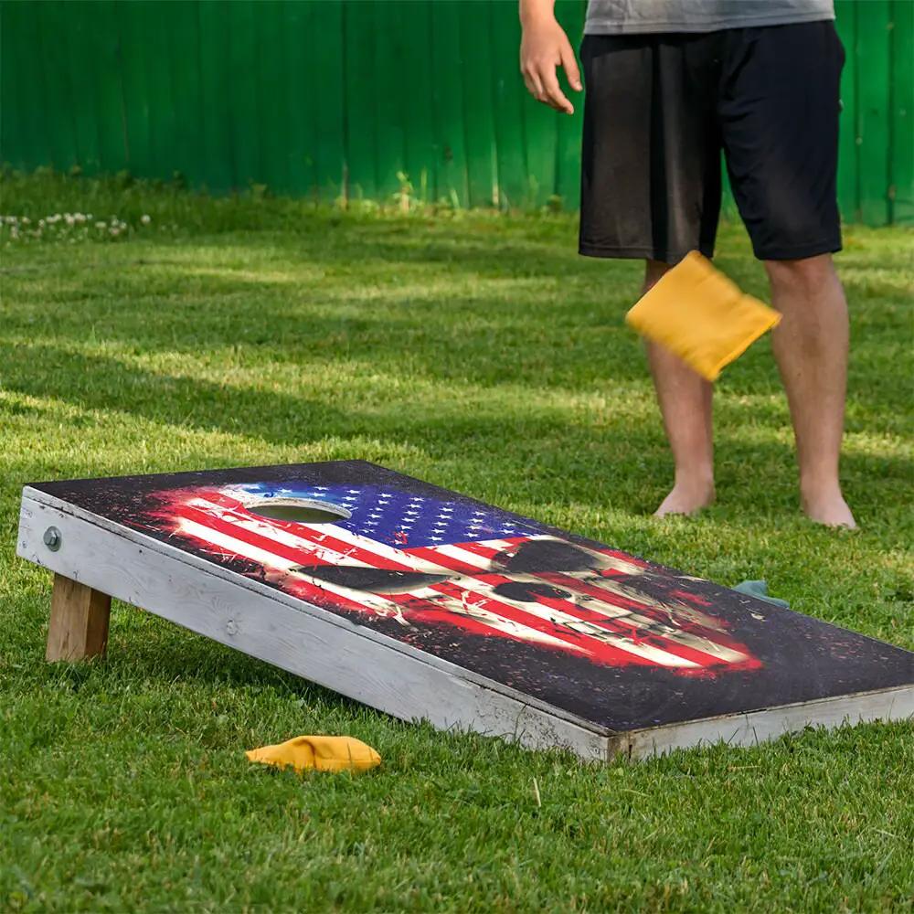 Flag Skull Cornhole Board Wraps set of 2 by Lone Star Art with patriotic flag design on Tampa Home & Garden Store