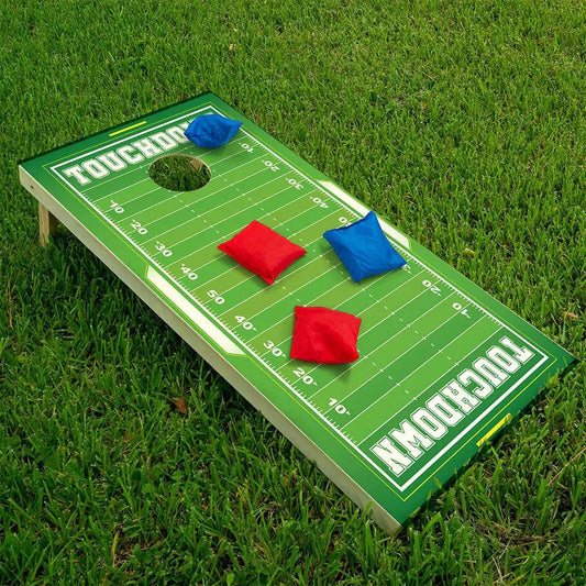Football field cornhole board wrap set of 2 by Lone Star Art, green vinyl field with yard lines on Tampa Home & Garden Store