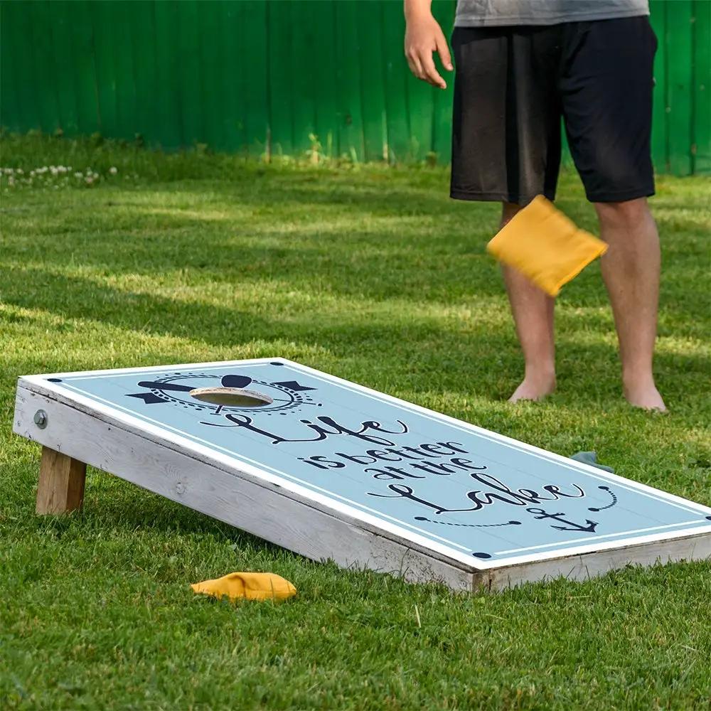 Better At the Lake Cornhole Board Wraps set of 2 blue with black script by Lone Star Art on Tampa Home & Garden Store