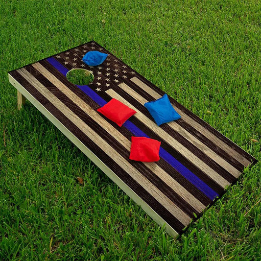 Police Support Cornhole Board Wraps Set of 2 by Lone Star Art with distressed flag and blue stripe on Tampa Home & Garden Store