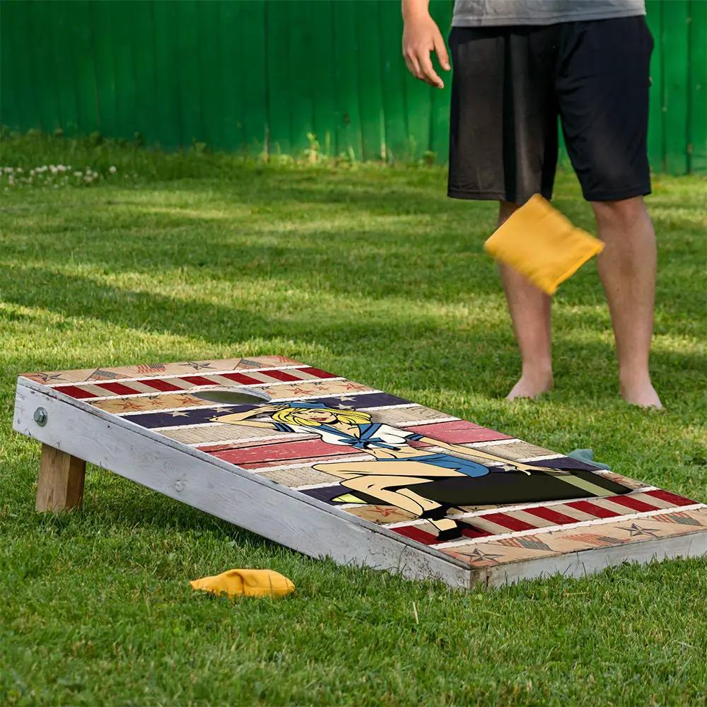 Cornhole wrap set 2, Sexy Sailor Americana by Lone Star Art; sailor graphic on weathered panels on Tampa Home & Garden Store