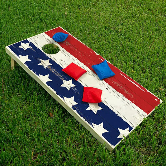 Stars and Stripes Cornhole Wraps by Lone Star Art, set of 2 on distressed wooden boards on Tampa Home & Garden Store