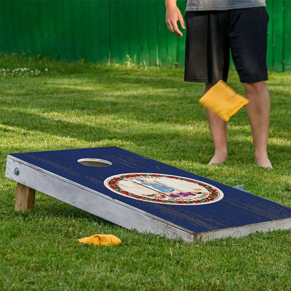 Virginia State Cornhole Board Wraps Set of 2 by Lone Star Art; blue boards, yellow bags in play on Tampa Home & Garden Store