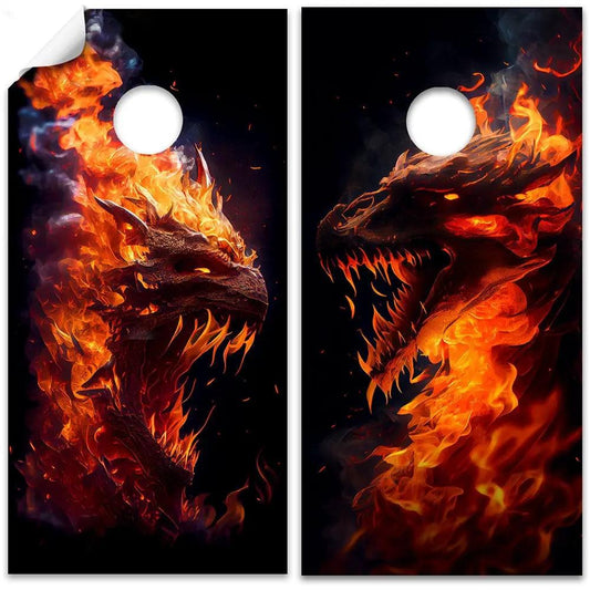 Dragons of Fire Cornhole Wraps Set, two fiery dragon panels on black background on Tampa Home & Garden Store