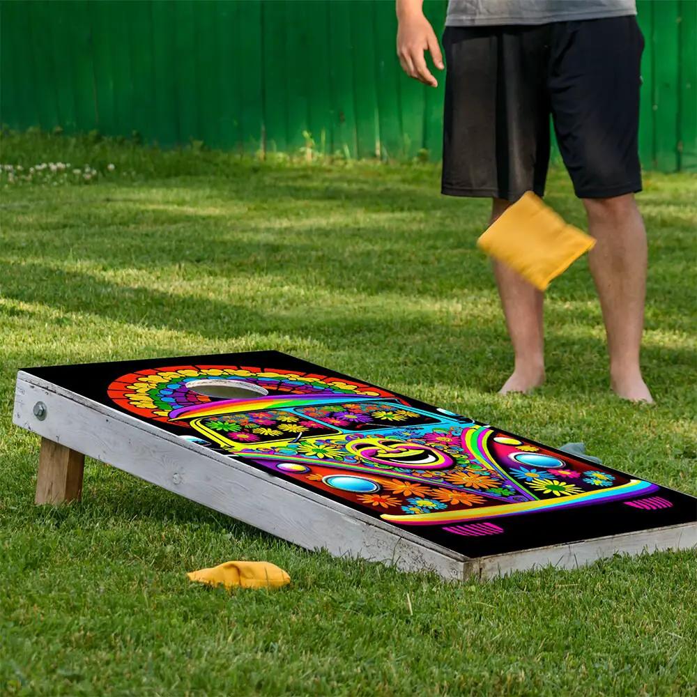 Hippie Van Colorful Cornhole Wraps, set of 2, vibrant retro artwork by Lone Star Art on Tampa Home & Garden Store