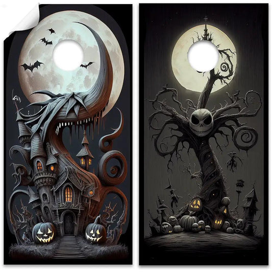 Nightmare Before Christmas cornhole wrap set of 2 with scene and pumpkins in gothic tones on Tampa Home & Garden Store