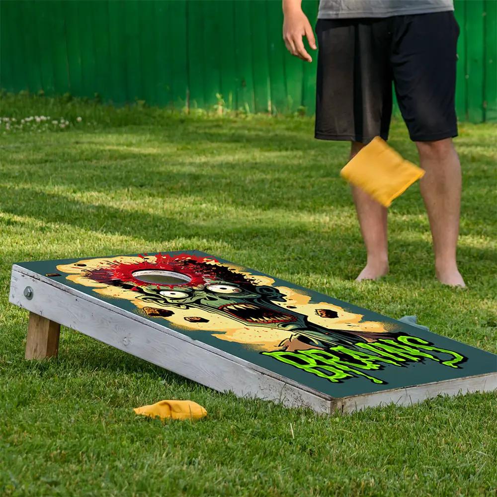 Zombie Headshot Cornhole Wraps set of 2 by Lone Star Art with green zombie head on Tampa Home & Garden Store
