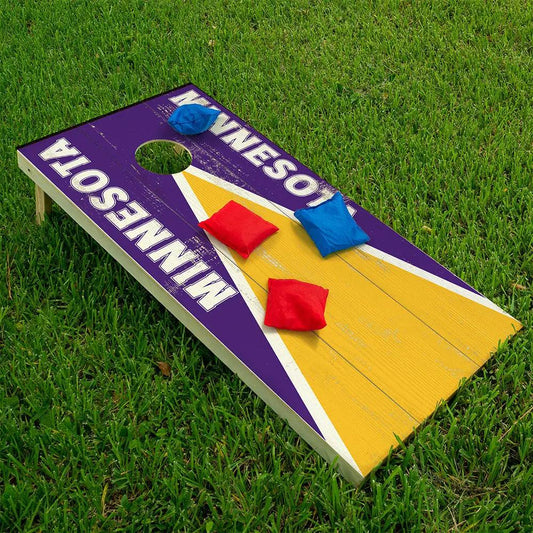 Minnesota Football Cornhole Board Wraps Set of 2 with purple and yellow graphics on boards on Tampa Home & Garden Store