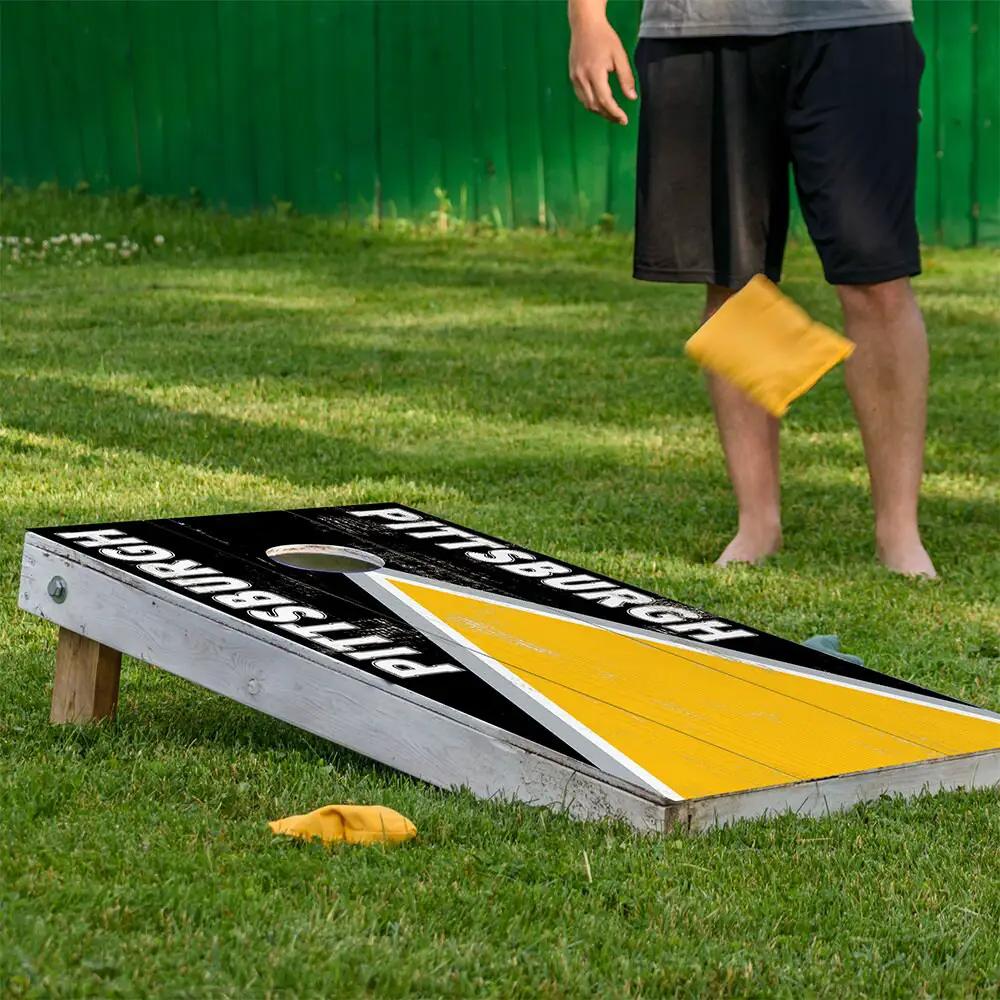 Cornhole Wrap Set of 2 Pittsburgh Football design by Lone Star Art, black panels with bold yellow stripe on Tampa Home & Garden Store