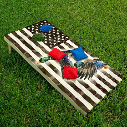 Cornhole wrap set Lone Star Art American camo flag duck design with red and blue bean bags on Tampa Home & Garden Store