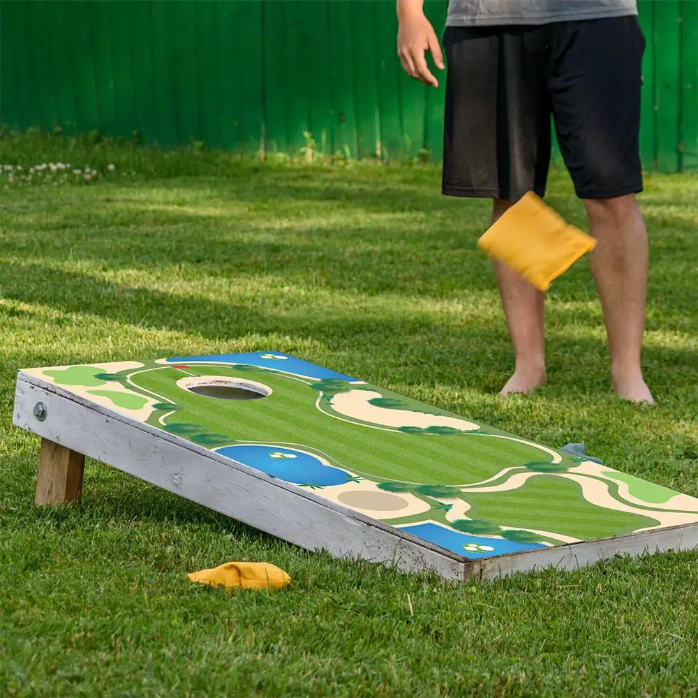 Golf course cornhole wrap set of 2 with green fairways and sand traps by Lone Star Art on Tampa Home & Garden Store