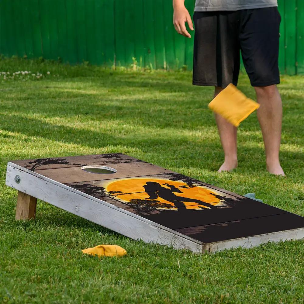 Big Foot in the Woods cornhole board wrap set of 2 by Lone Star Art with sunset silhouette on Tampa Home & Garden Store