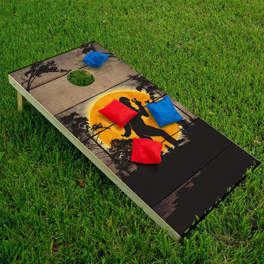 Cornhole board wrap Big Foot in the Woods by Lone Star Art, 4 bean bags on grass on Tampa Home & Garden Store