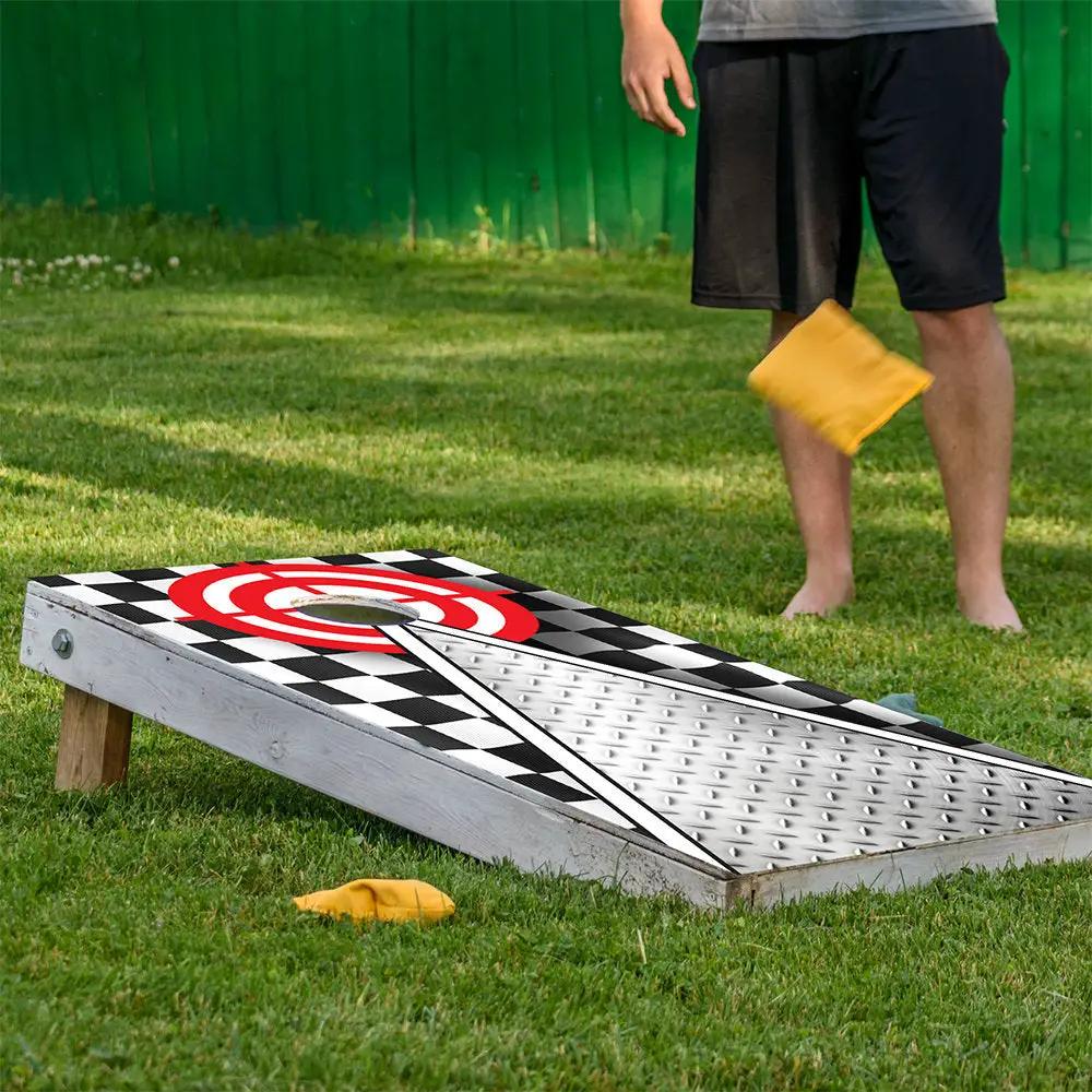 Racing Dreams Cornhole Wrap Set of 2 with black and white checker pattern and red emblem on Tampa Home & Garden Store