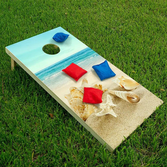 Shells on Beach Cornhole Board Wrap, beach scene with seashells and red/blue cushions on Tampa Home & Garden Store