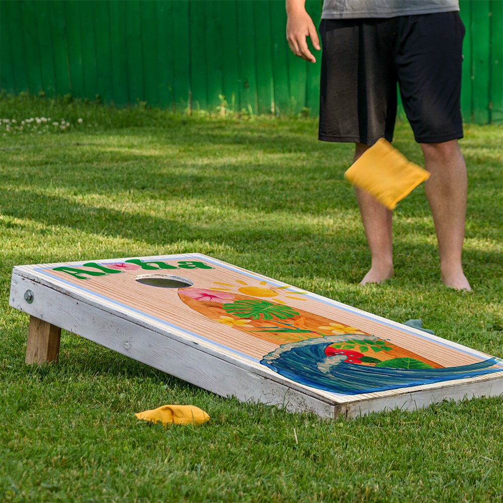 Aloha Surf Cornhole Board Wraps set of 2, tropical hibiscus waves design by Lone Star Art on Tampa Home & Garden Store