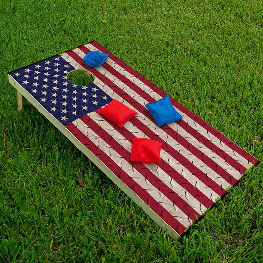USA flag cornhole board wrap set of 2 with red and blue bean bags on grass on Tampa Home & Garden Store