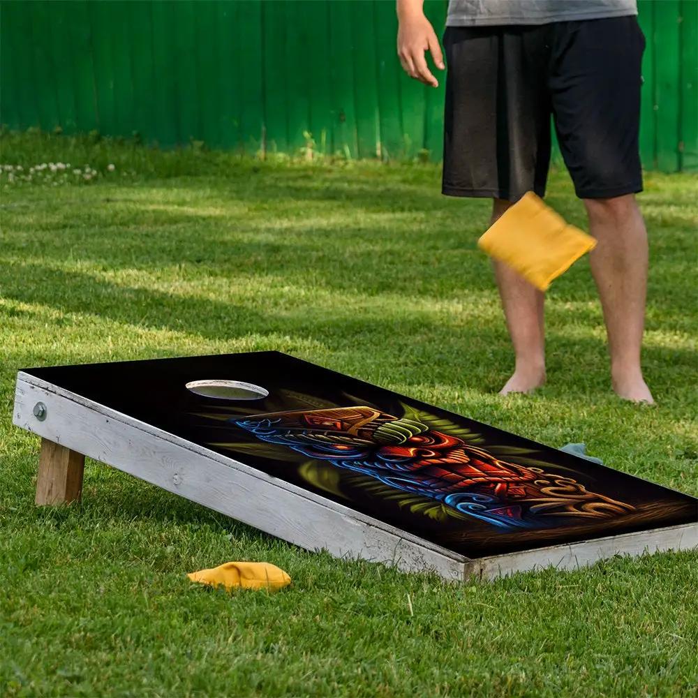 Cornhole board wrap set of 2 with tropical tiki mug artwork on black background by Lone Star Art on Tampa Home & Garden Store