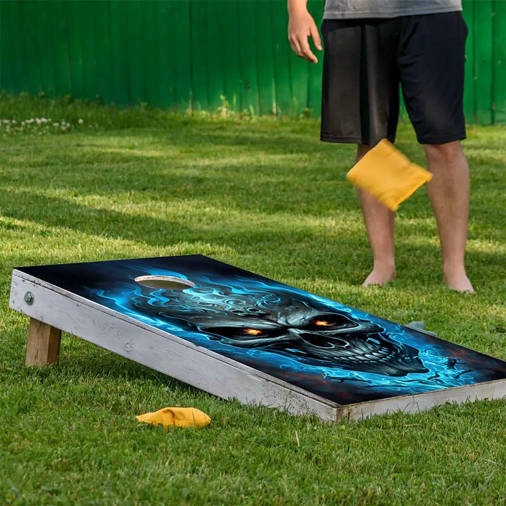 Blue Flaming Skull Cornhole Board Wrap Set of 2 by Lone Star Art on Tampa Home & Garden Store
