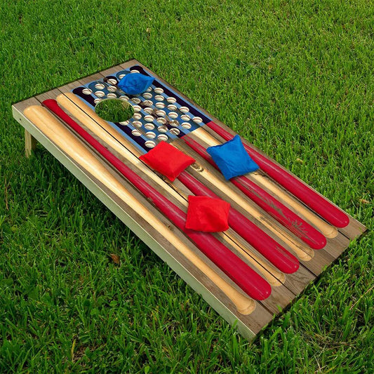 Cornhole wrap set 2 American Flag USA design on wood board with red planks red/blue bags on Tampa Home & Garden Store