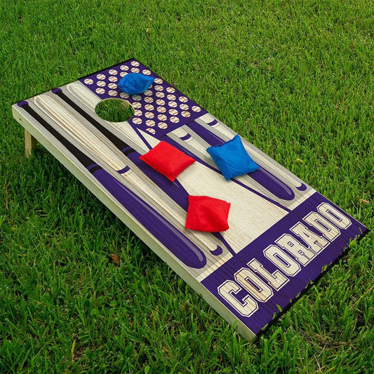 Colorado Baseball Cornhole Board Wraps set of 2 in purple/cream with baseball graphics on Tampa Home & Garden Store