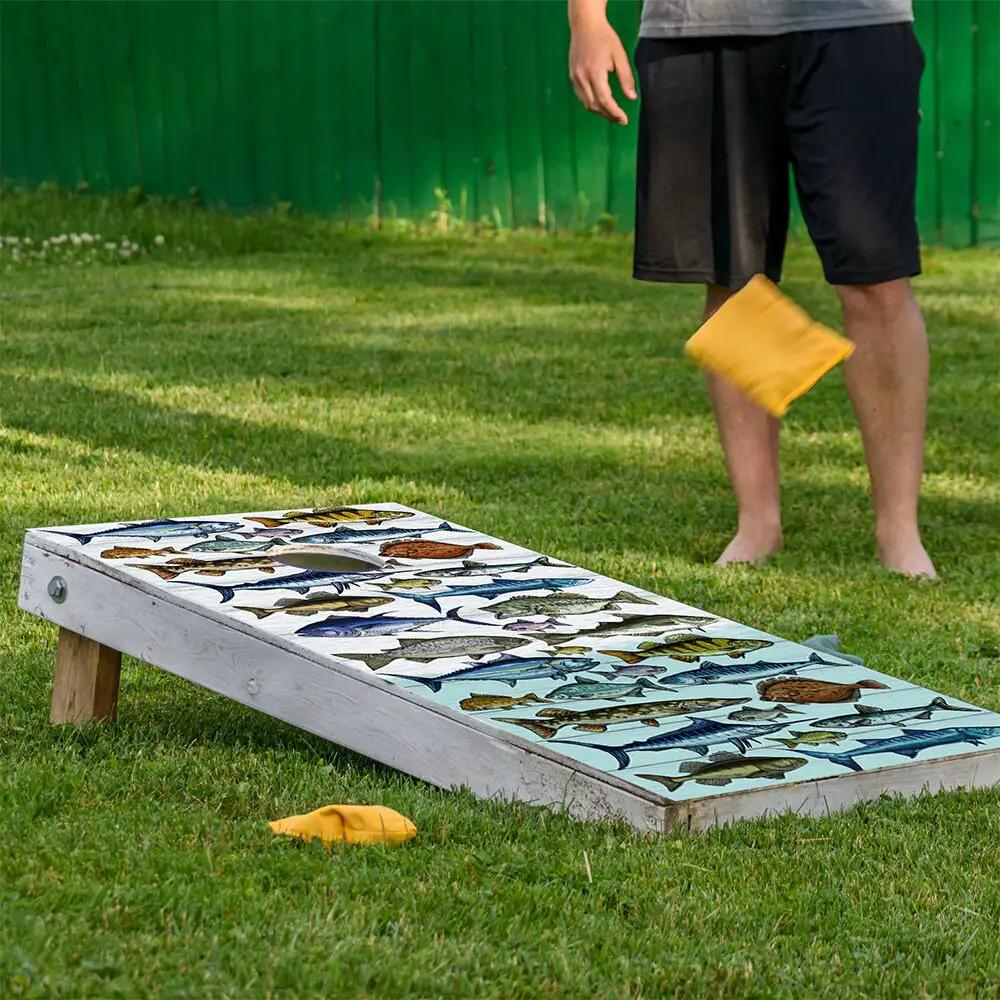 Fishing Cornhole Board Wrap Set of 2 by Lone Star Art on white boards with fish prints on Tampa Home & Garden Store
