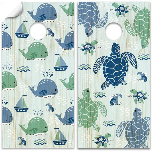 Sea Turtles and Whales Cornhole Board Wraps set of 2 by Lone Star Art with blue/green sea life on Tampa Home & Garden Store