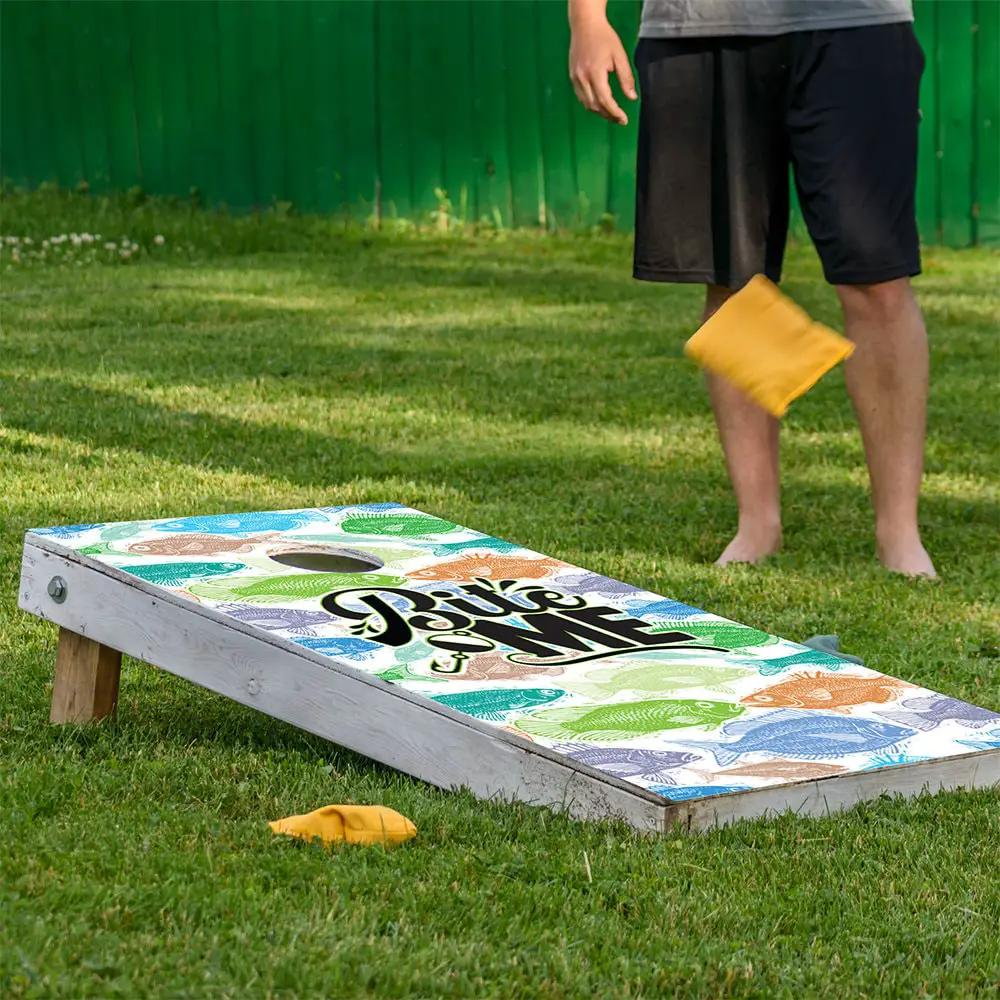Bite Me Fishing Cornhole Board Wraps set of 2 in vibrant multicolor fish design on Tampa Home & Garden Store