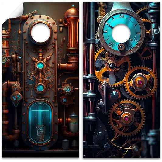 Steampunk Cornhole Wrap Set of 2 with copper gears and blue accents on Tampa Home & Garden Store