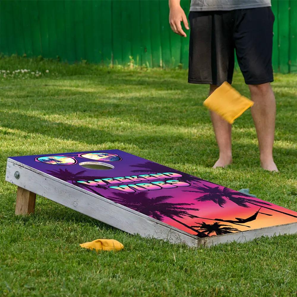 Sunset Palms Weekend Vibes Cornhole Wraps Set 2 with purple sunset palm design for boards on Tampa Home & Garden Store