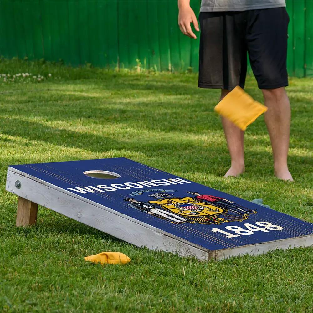 Cornhole board wrap Wisconsin state design on blue deck with seal; set of 2 on Tampa Home & Garden Store