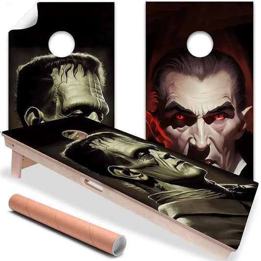 Frankenstein vs Dracula Cornhole Board Wraps set of 2 with dark monster portraits on Tampa Home & Garden Store