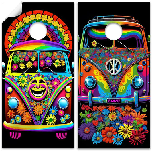 Cornhole wrap set of 2 featuring rainbow Hippie Van floral designs across two panels on Tampa Home & Garden Store