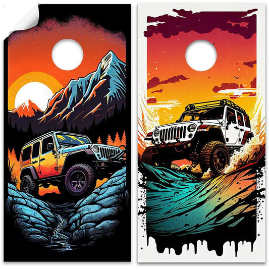 Jeep Adventure Cornhole Wraps set of 2 with Jeep off-road vehicles amid orange sunset on Tampa Home & Garden Store