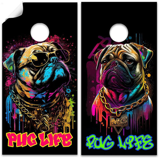 Pug Life Cornhole Board Wraps set of 2 with neon graffiti pug artwork on black background on Tampa Home & Garden Store