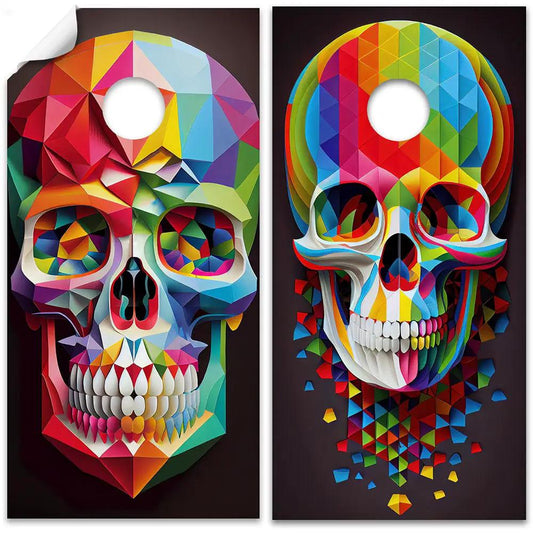 Rainbow Skulls Cornhole Board Wrap Set of 2, vibrant geometric skull artwork by Lone Star Art on Tampa Home & Garden Store