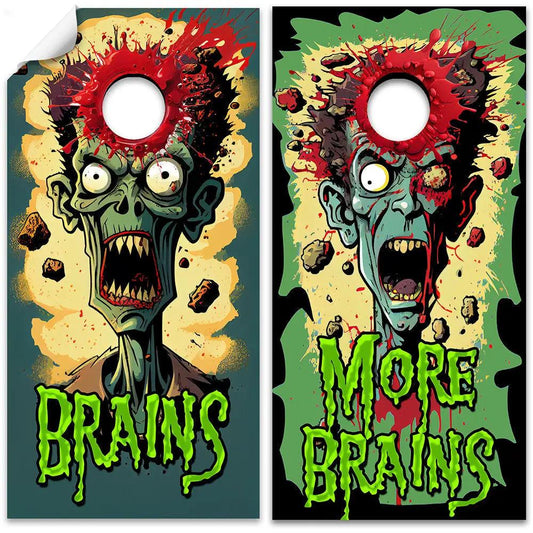 Zombie Headshot Cornhole Wraps set of 2 by Lone Star Art with neon BRAINS and MORE BRAINS on Tampa Home & Garden Store