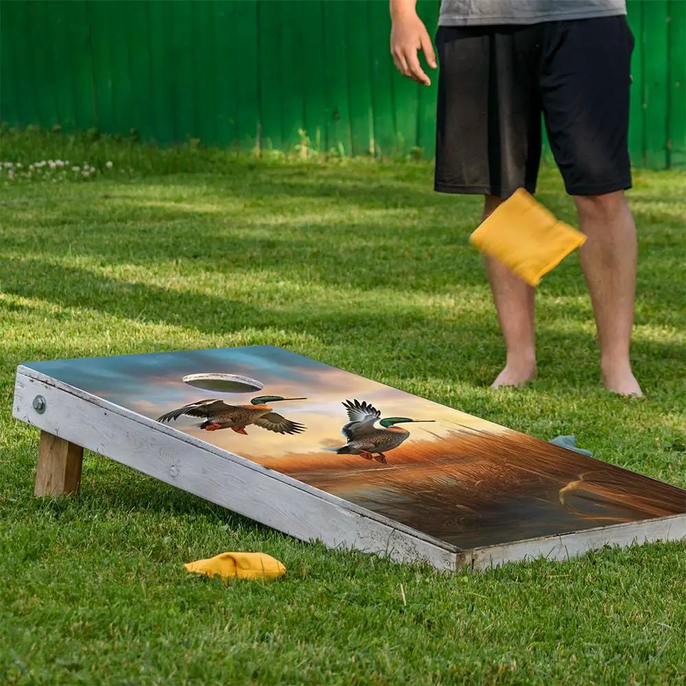 Duck Hunting Cornhole Board Wrap Set of 2 by Lone Star Art with duck artwork on wooden surface on Tampa Home & Garden Store