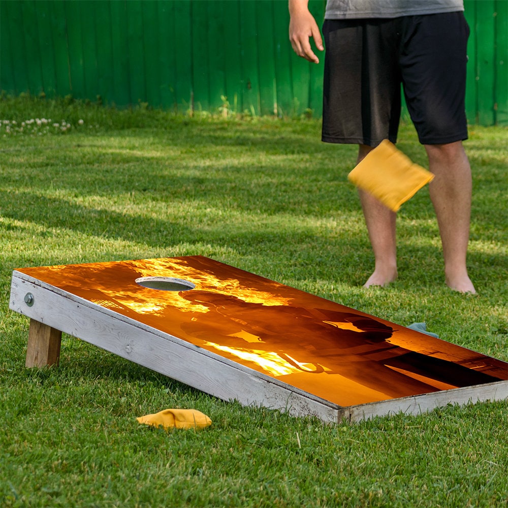 Cornhole board wrap Fire Hero and Flames design set of 2 with orange flame artwork on Tampa Home & Garden Store