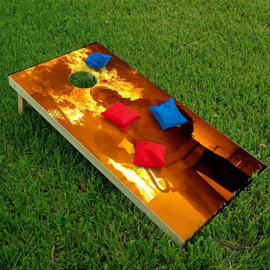 Fire Hero and Flames cornhole wraps set of 2 with fiery orange flames and red/blue bean bags on Tampa Home & Garden Store