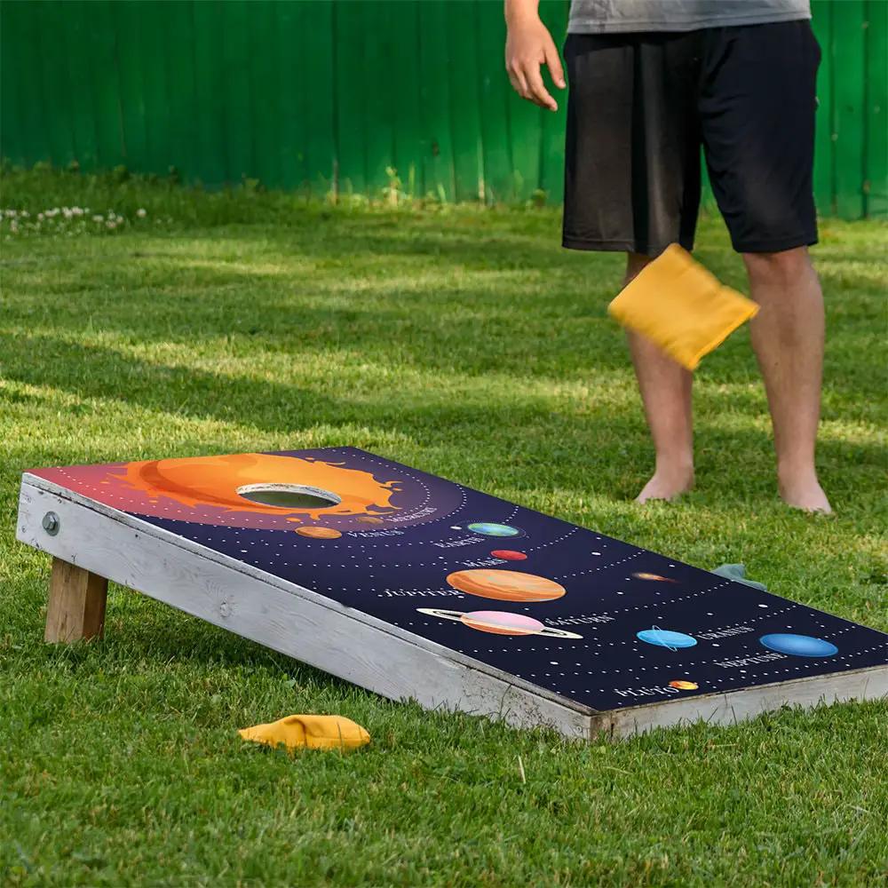 Cornhole wrap set of 2 Planetary Solar System on a weathered board outdoors by Lone Star Art on Tampa Home & Garden Store