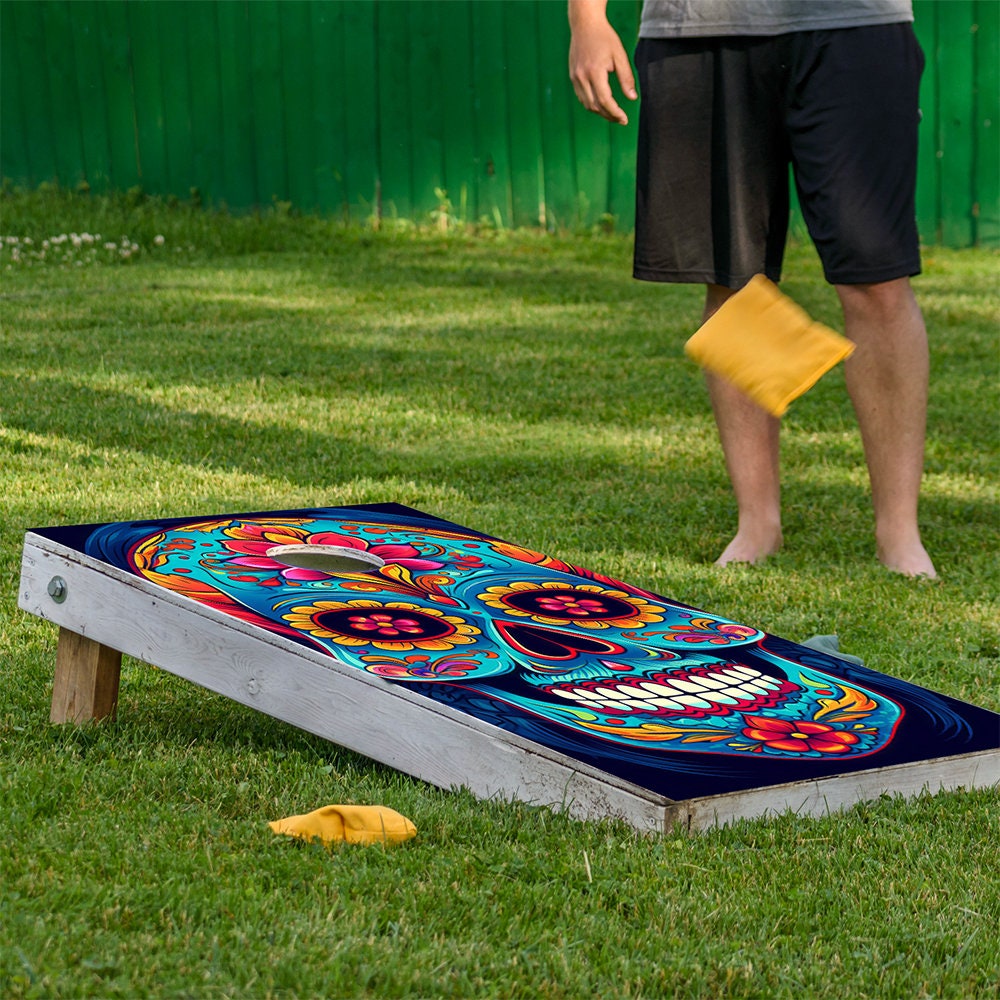 Sugar Skulls Cornhole Wraps set of 2 by Lone Star Art with vibrant Dia de los Muertos design on Tampa Home & Garden Store