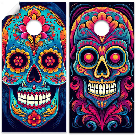 Sugar Skulls Cornhole Board Wrap Set of 2 vibrant colorful panels Lone Star Art on Tampa Home & Garden Store